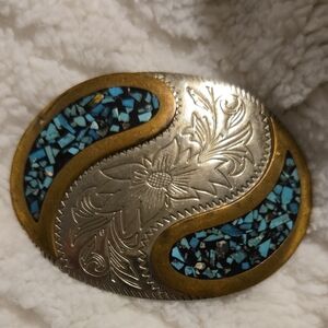 German Silver and Gold Belt Buckle with Turquoise Mosaic